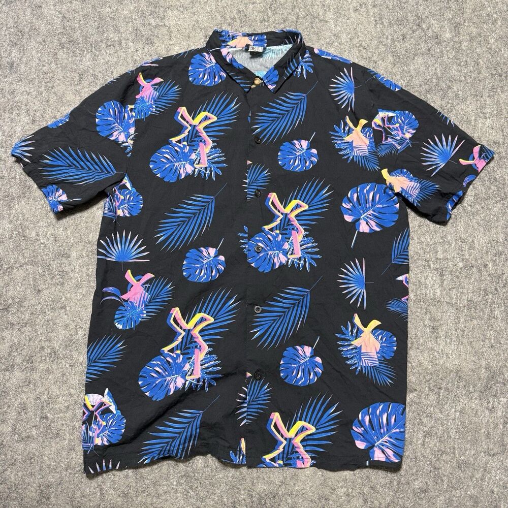 Dutch Bros Coffee Hawaiian Shirt Mens Large Black Blue Tropical Floral